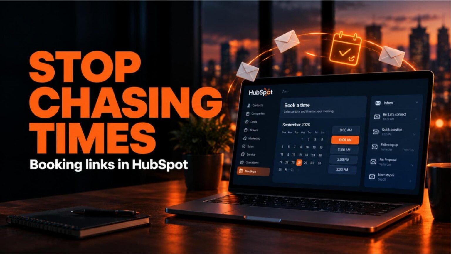 Paper envelopes bouncing in a loop, broken by a glowing orange calendar tile, illustrating booking links in HubSpot replacing email back-and-forth