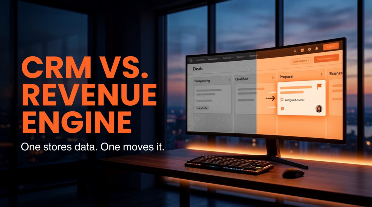 Split HubSpot deals board: the left side shows static, grayscale Prospecting and Qualified columns with no activity, while the right side shows a vivid orange Proposal column with a flagged deal card and an assigned owner, illustrating the difference between a CRM and a revenue engine.