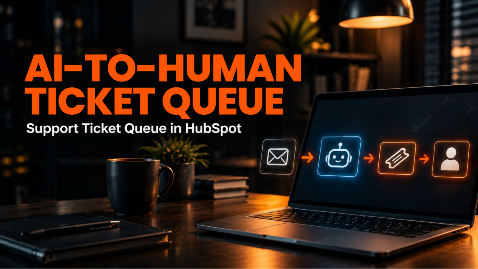 Laptop screen displaying a digital workflow routing an email to an AI bot, then to a ticket, and finally to a human agent, next to text reading AI-TO-HUMAN TICKET QUEUE Support Ticket Queue in HubSpot.