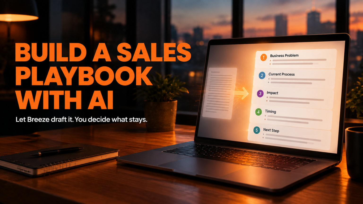 Laptop on a warm wooden desk at dusk, screen glowing with a five-section discovery-call checklist forming, next to the "Build a Sales Playbook With AI" headline