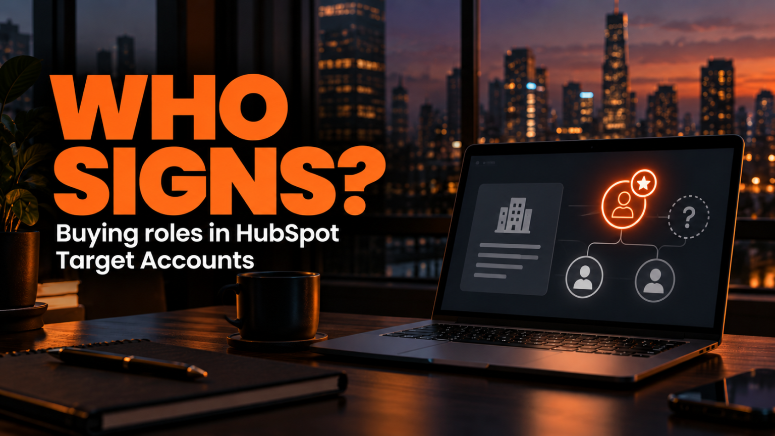 Laptop showing an account card with connected contacts, one marked as champion and one empty spot for a decision maker, illustrating buying roles in HubSpot