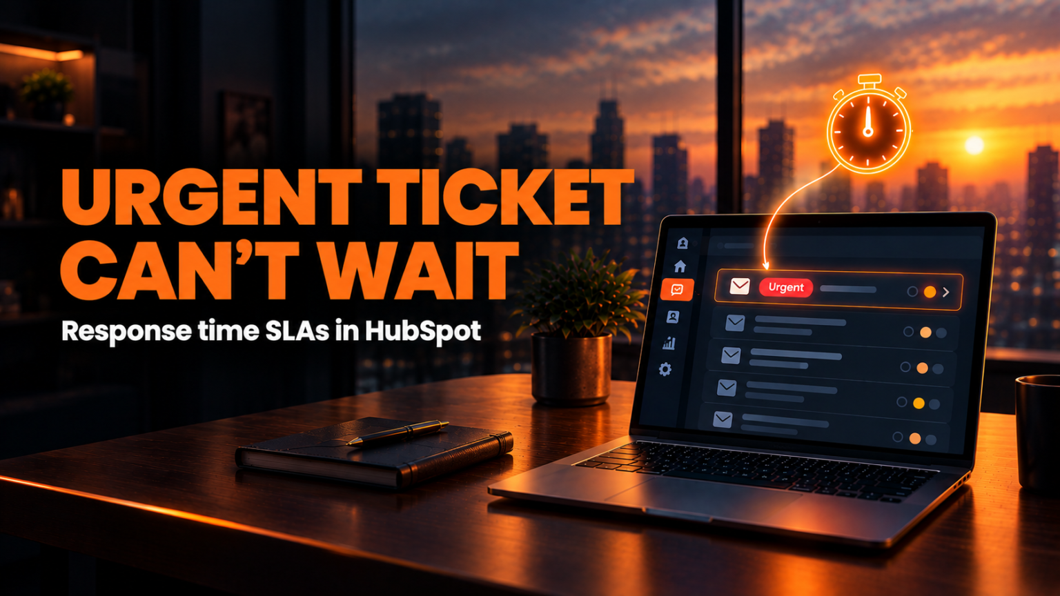 Laptop on a dark wooden desk at dusk showing a help desk ticket list with one urgent ticket, a glowing orange stopwatch floating above it, next to the "Urgent Ticket Can't Wait" headline