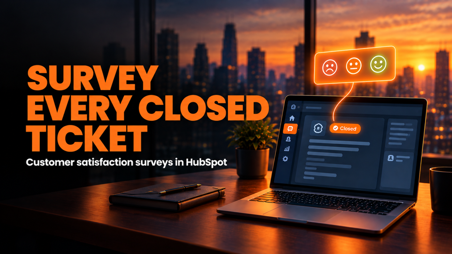 Laptop on a dark wooden desk at dusk showing a closed support ticket, with a glowing orange survey card of three rating faces floating above the screen, next to the "Survey Every Closed Ticket" headline