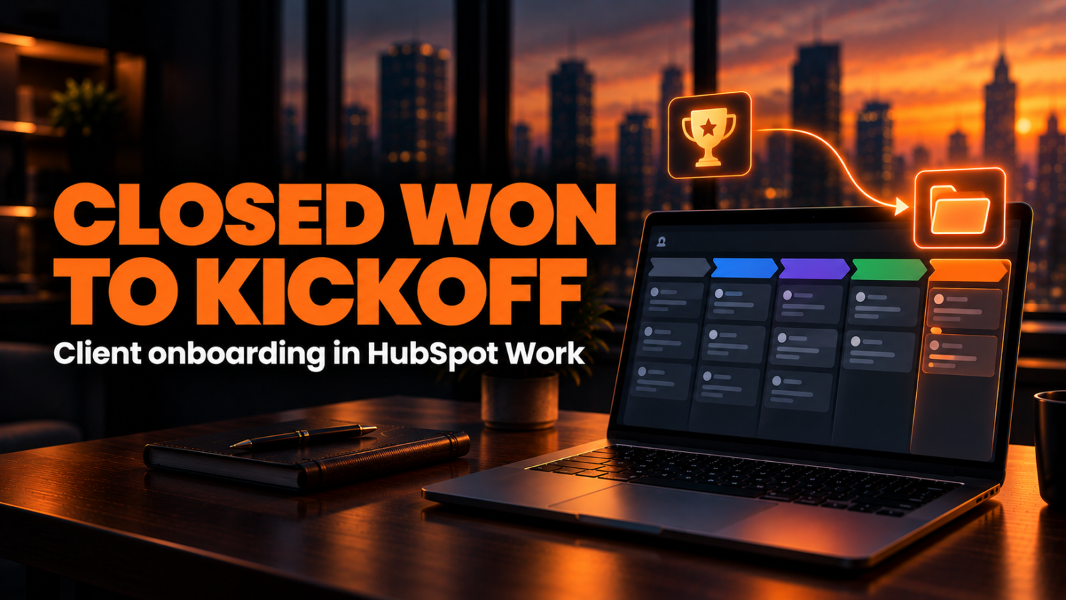 Laptop showing a client onboarding project board with stages, illustrating client onboarding in HubSpot Work