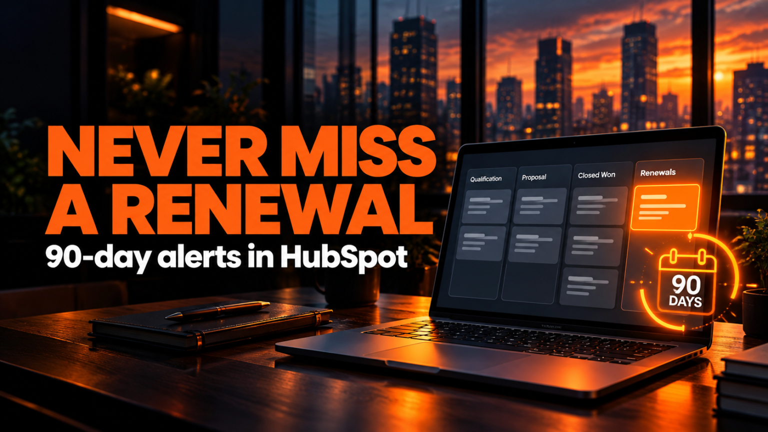Laptop showing a deal pipeline with one renewal deal highlighted and a countdown calendar, illustrating renewal alerts in HubSpot