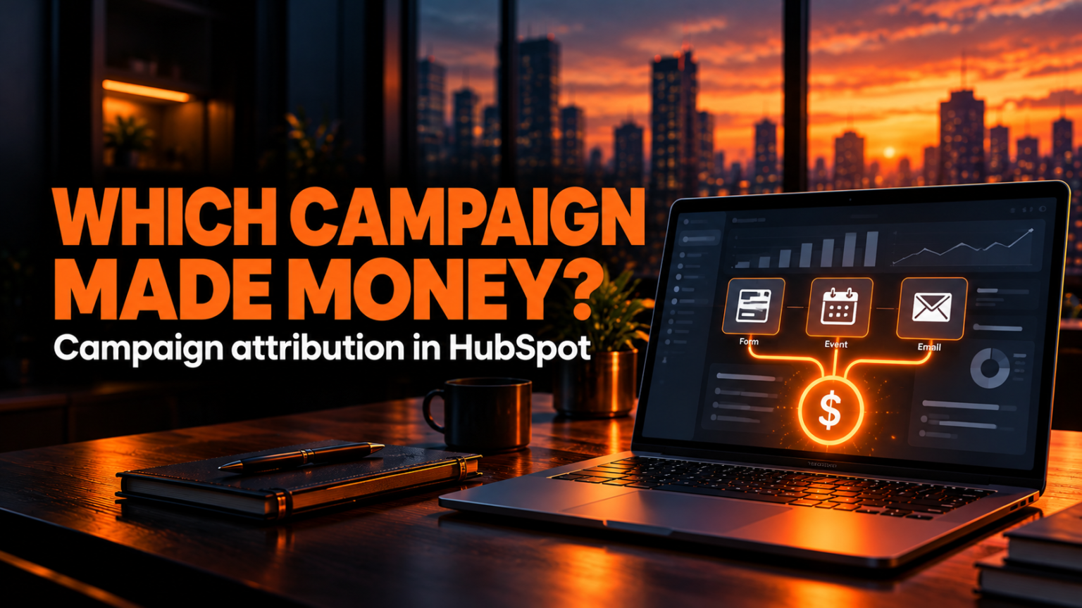 Laptop showing a campaign dashboard with a form, calendar, and email icon connected to one dollar coin, illustrating campaign attribution in HubSpot