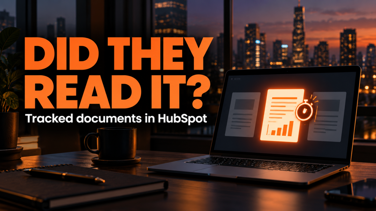 Laptop showing a three-page document with the middle page highlighted and a time-per-page chart, illustrating document tracking in HubSpot