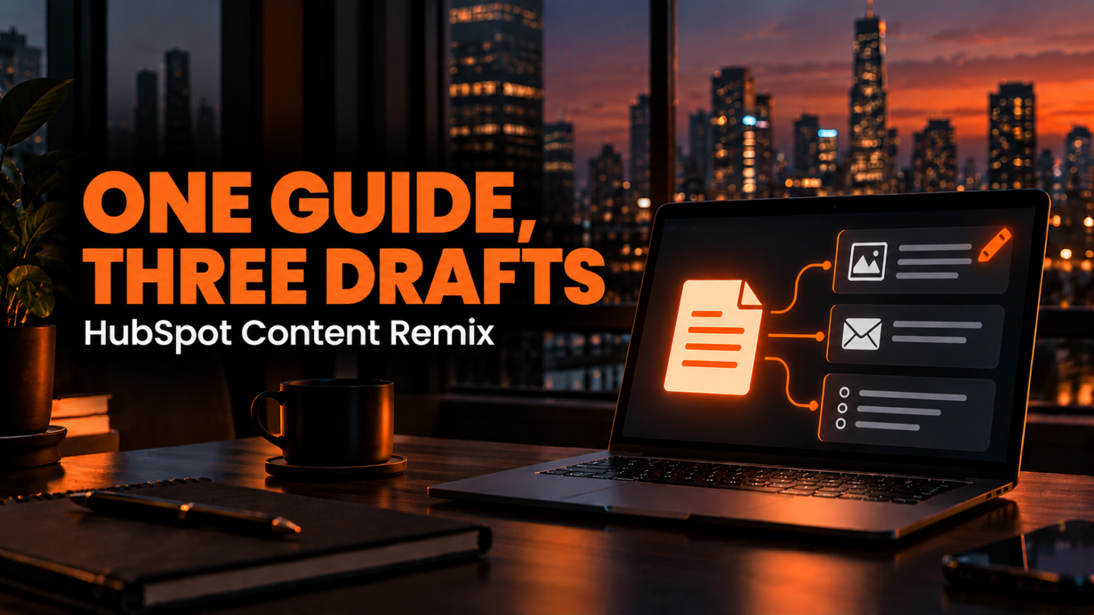 Laptop showing one document branching into a social post, an email, and a list of hooks, illustrating HubSpot Content Remix